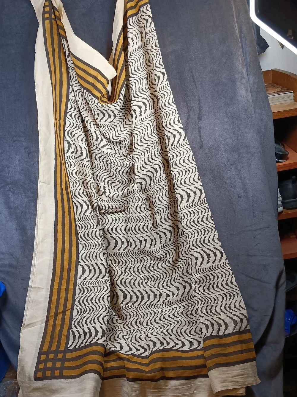 Striped & Zebra Print Lightweight Scarf in White, Black, Mustard. Cotton. Long